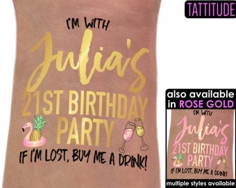 21st Birthday Party Tattoo - Birthday tattoos - Metallic gold tattoo pineapple - If Im lost buy me a drink - personalized tattoo custom name