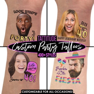 40th Birthday Party Tattoo Favors | 40th birthday for women, for man, custom tattoo, personalized tattoo, temporary, if lost, face, photo