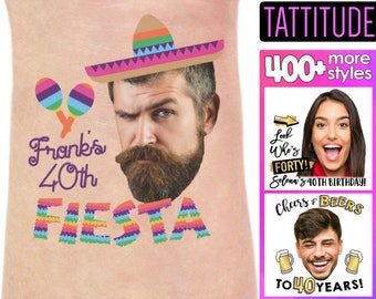 May include: A temporary tattoo with a man's face wearing a colorful sombrero and a fiesta theme. The text reads "Frank's 40th Fiesta".