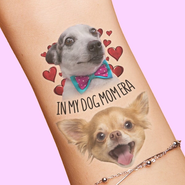 In My Dog Mom Era Tattoos Custom Personalized Dog Photo Tattoos Pet Face Tattoo Dog Picture Tattoos with Hearts Gift for Dog Mom Mama Owner