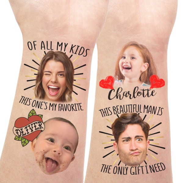 Gift for Mom Face Photo Tattoos | Funny Christmas Gift for Mama Mommy, Birthday, Anniversary, Mothers Day Gift, Custom Children's Name Photo