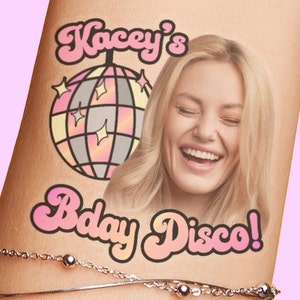Custom Birthday Party Favors - Temporary Tattoos, decor gift for her, face cutout, Disco Ball, 70s, retro theme, 21st 30th 40th 50th 60th