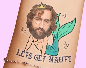 Let's Get Nauti Grooms Face Bachelorette Party Tattoos Favors, Mermaid Merman Body, last sail before the veil, beach boat pool party splash