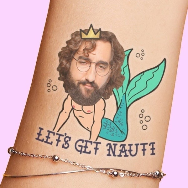 Let's Get Nauti Grooms Face Bachelorette Party Tattoos Favors, Mermaid Merman Body, last sail before the veil, beach boat pool party splash
