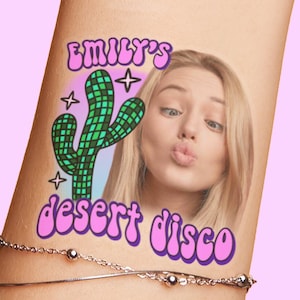Desert Disco Custom personalized bachelorette party favor photo tattoos, face tattoos, birthday party, groovy 70s cowboy disco ball cactus