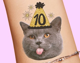 Custom Face Tattoo Birthday Party Favors, birthday party hat with photo cutout face decorations glitter party hat tattoos funny unique ideas