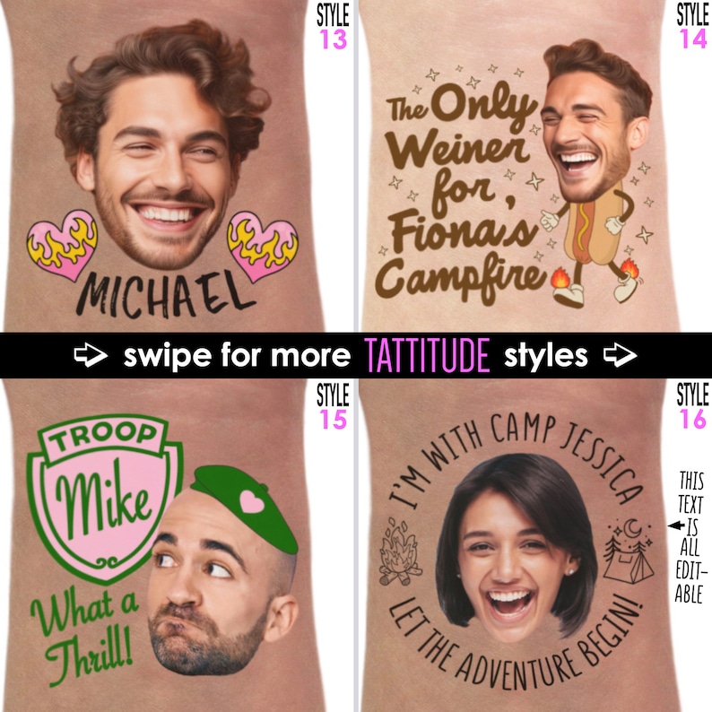 Op de afbeelding: Een verzameling tijdelijke tatoeages met humoristische ontwerpen. Stijlen omvatten gezichten met tekst zoals "MICHAEL", "The Only Weiner for Fiona's Campfire", "TROOP Mike" en "I'M WITH CAMP JESSICA". De tatoeages hebben een bruine achtergrond.