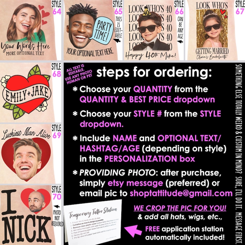 May include: A collage of custom temporary tattoo designs featuring various styles with photos of people, hearts, and text. The image includes a black instructional panel with white and pink text detailing ordering steps and email contact information.