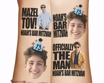 Bar Mitzvah Tattoo Party Favors, Custom Personalized face temporary tattoos for Bar Mitzvah, Officially the Man Mazel Tov 13th birthday tats