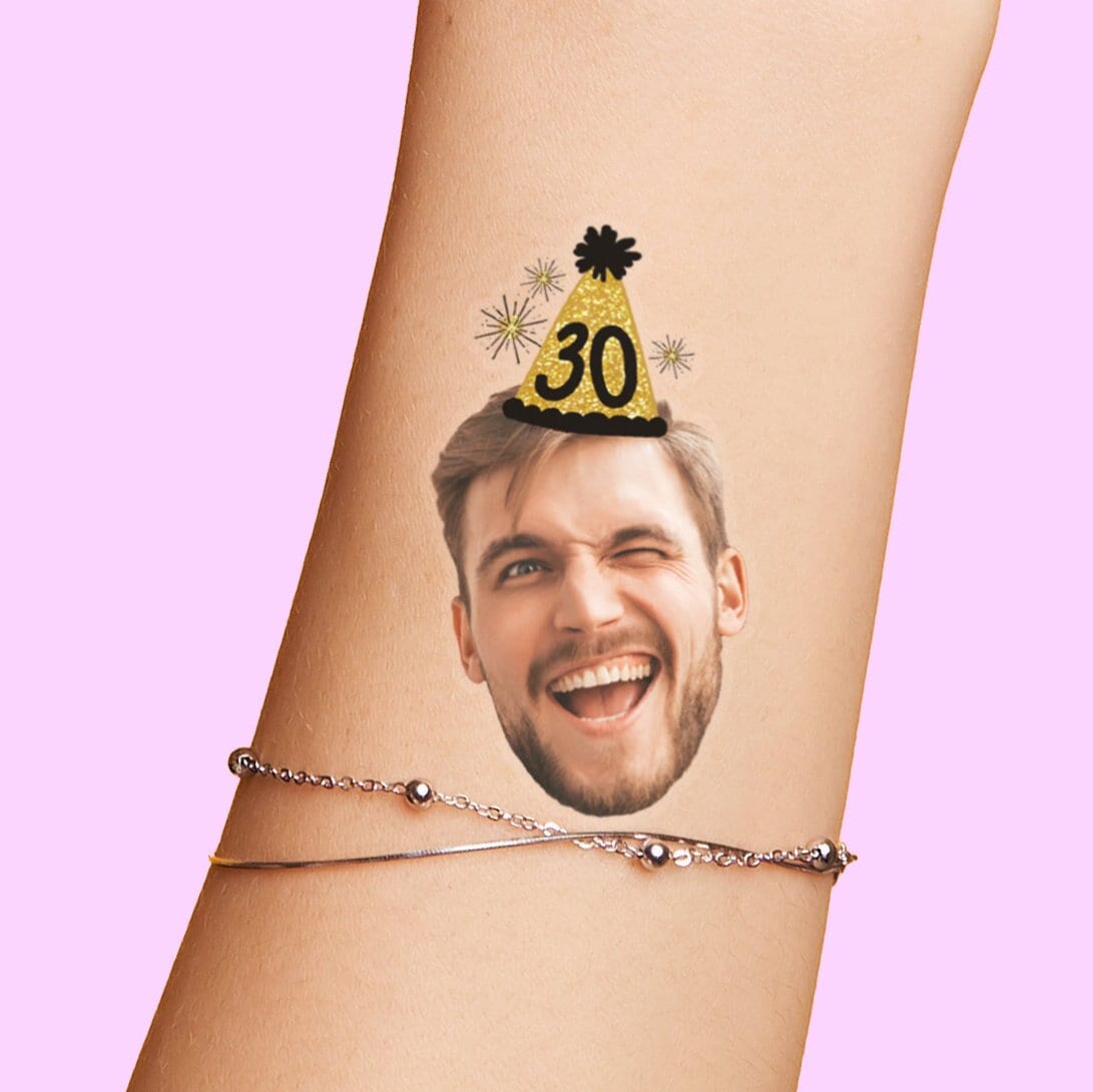 Custom Face Tattoo Birthday Party Favors, birthday party hat with photo cutout face decorations glitter party hat tattoos funny unique ideas