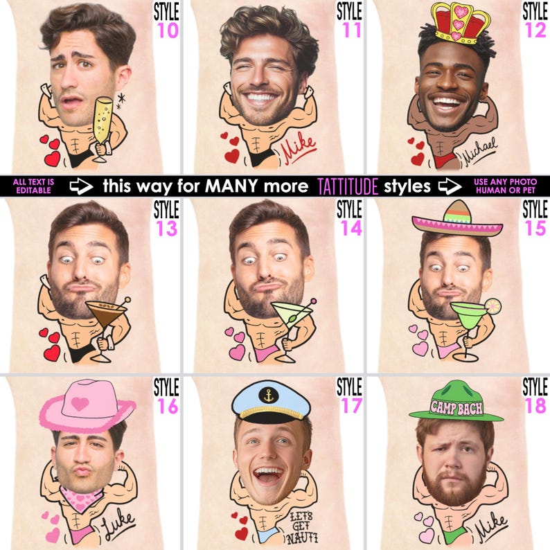 Puede incluir: Un collage de ilustraciones de dibujos animados con caras de hombres sobre cuerpos musculosos. Cada figura sostiene una bebida y lleva diferentes accesorios, incluyendo una corona, un sombrero y una gorra de marinero. El texto dice "ALL TEXT IS EDITABLE" y "this way for MANY more TATTITUDE styles."