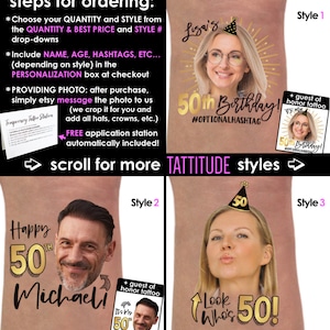 Pode incluir: Tr&ecirc;s estilos diferentes de tatuagens tempor&aacute;rias personalizadas para um 50&ordm; anivers&aacute;rio. Cada tatuagem apresenta uma foto de uma pessoa com um chap&eacute;u de anivers&aacute;rio e o texto "50&ordm; anivers&aacute;rio!" ou "Feliz 50&ordm; anivers&aacute;rio Michael!" ou "Olha quem tem 50!" As tatuagens est&atilde;o dispon&iacute;veis em ouro e preto.