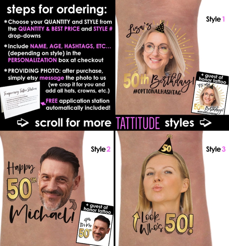 Pode incluir: Tr&ecirc;s estilos diferentes de tatuagens tempor&aacute;rias personalizadas para um 50&ordm; anivers&aacute;rio. Cada tatuagem apresenta uma foto de uma pessoa com um chap&eacute;u de anivers&aacute;rio e o texto "50&ordm; anivers&aacute;rio!" ou "Feliz 50&ordm; anivers&aacute;rio Michael!" ou "Olha quem tem 50!" As tatuagens est&atilde;o dispon&iacute;veis em ouro e preto.