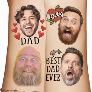 May include: Four temporary tattoos featuring male faces with the word "DAD" and "BEST DAD EVER". One tattoo has a heart with "DAD" inside. The other has hearts around the face.