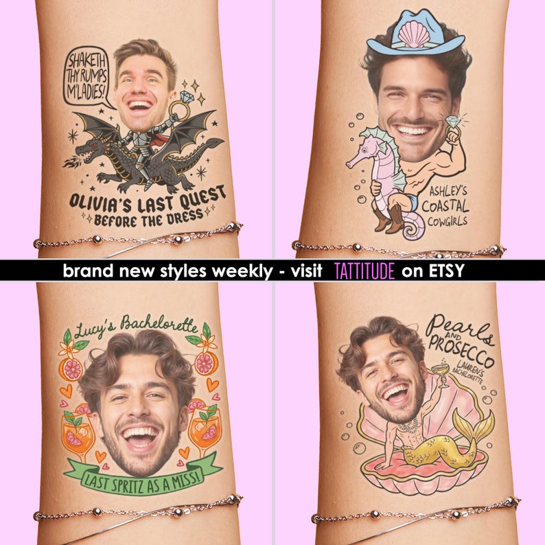 Op de afbeelding: Een collage van tijdelijke tatoeages met illustraties en tekst. De ontwerpen omvatten gezichten en zinnen als "Olivia's Last Quest" en "Ashley's Coastal Cowgirls". De tekst "brand new styles weekly - visit TATTITUDE on ETSY" is ook zichtbaar.