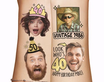 Vintage 1985 1986 Custom Personalized 40th Birthday Decoration Tattoos, for women, men, man, gift, photo tattoo, face, old school cool, 50th