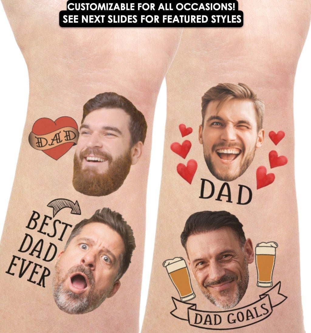 Custom Dad Tattoos personalized with fathers face, gift idea for dad, gift for father, funny gifts for dad, cheap gift, father figure, daddy
