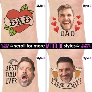 May include: A collection of temporary tattoo designs featuring the word "DAD" in various styles. One design includes a heart with the word "DAD" on a banner. Other designs include faces and phrases like "BEST DAD EVER" and "DAD GOALS".