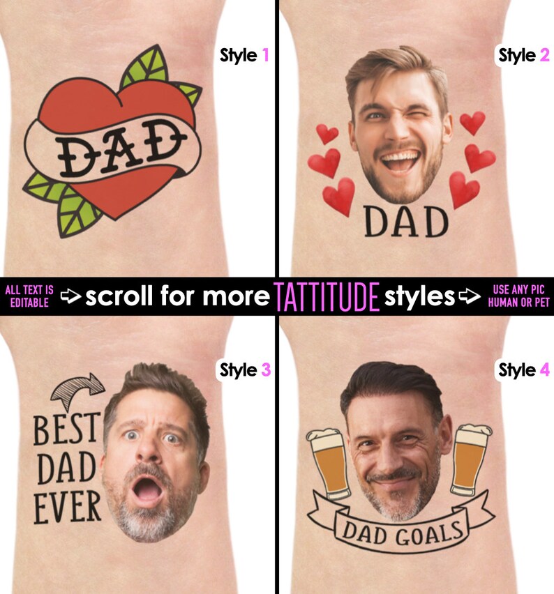 May include: A collection of temporary tattoo designs featuring the word "DAD" in various styles. One design includes a heart with the word "DAD" on a banner. Other designs include faces and phrases like "BEST DAD EVER" and "DAD GOALS".