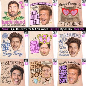 May include: A collection of personalized party favors featuring faces and text. Designs include phrases like "The Bride's Bestie," "Gettin' Married!," and "One Less Lonely Boy!" with various fonts and colors. The text "ALL TEXT IS EDITABLE" is also visible.