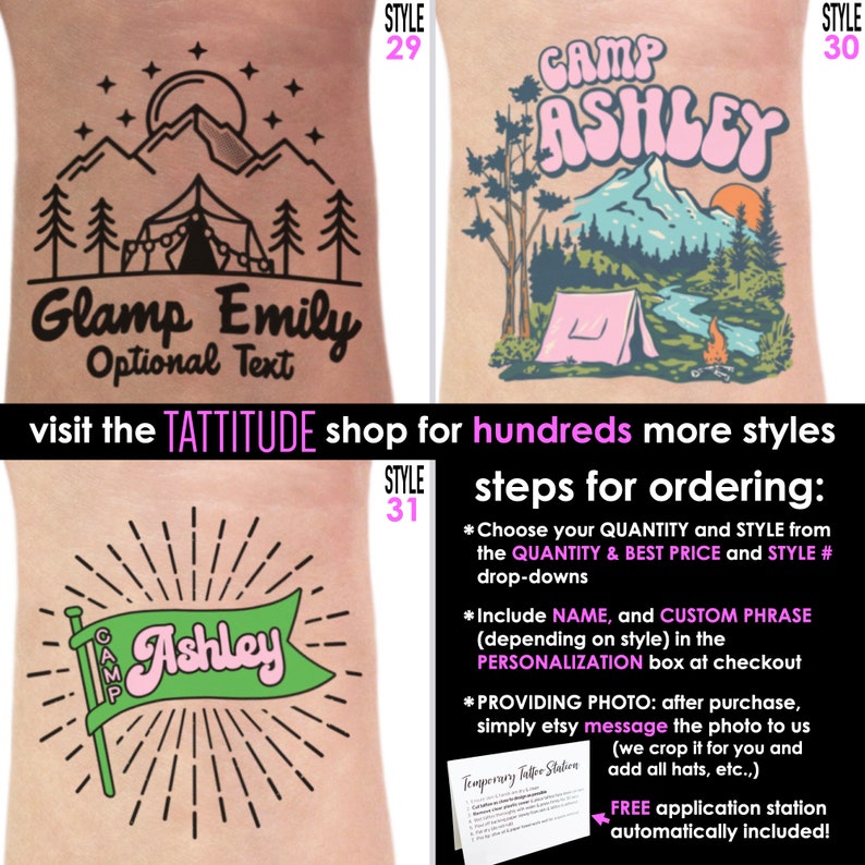 Op de afbeelding: Tijdelijke tattoo-ontwerpen met campingthema's. Stijl 29 toont een berglandschap met een tent en de tekst "Glamp Emily". Stijl 30 heeft "Camp Ashley" met een berg en zonsondergang. Stijl 31 toont een banner met "Ashley".