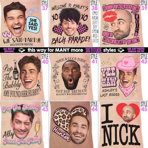 Puede incluir: Una colecci&oacute;n de camisetas personalizadas con varios dise&ntilde;os y texto. Las camisetas presentan caras y frases como "She Said Yes!", "Bach Parade" y "Yee Haw". El tema general se centra en celebraciones y eventos.