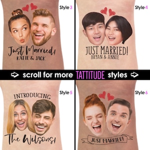 May include: Four different styles of temporary tattoos featuring couples' faces with text that says "Just Married!" and "Introducing The Wilsons!" The tattoos are on a light skin tone background.