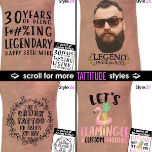Op de afbeelding: Vier verschillende tijdelijke tattoo-ontwerpen voor een 30e verjaardagsfeest. De ontwerpen omvatten een grappige uitspraak, een portret van een man met een baard, een krans van bloemen met een uitspraak en een flamingo met een ananas.