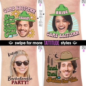 Op de afbeelding: Collectie tijdelijke tatoeages met gezichten en tekst. Ontwerpen omvatten "Camp Kaitlyn" met "Groom" en "Bride" hoeden, "Bachelorette Party" en "Final Trail Before the Veil".
