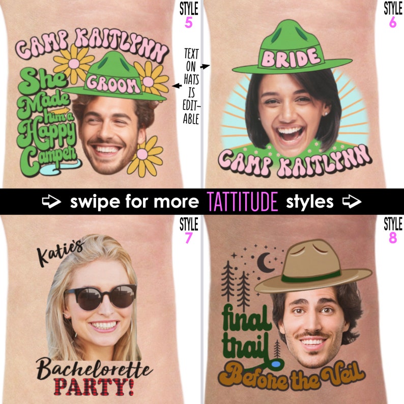 Op de afbeelding: Collectie tijdelijke tatoeages met gezichten en tekst. Ontwerpen omvatten "Camp Kaitlyn" met "Groom" en "Bride" hoeden, "Bachelorette Party" en "Final Trail Before the Veil".