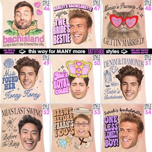May include: A collection of personalized t-shirts with various designs for bachelorette and bachelor parties. Each shirt features a photo of a person's face with text such as "The Bride's Bestie" and "Gettin' Married!"