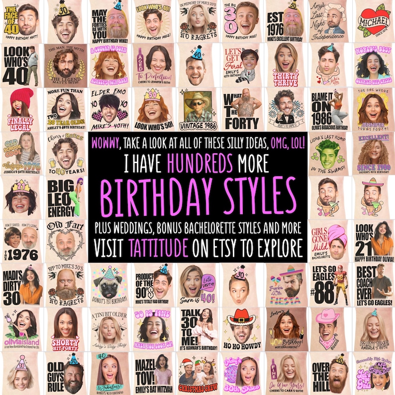 Op de afbeelding: Een verzameling verjaardagskaarten met diverse ontwerpen en gezichten. De kaarten bevatten humoristische zinnen en afbeeldingen, met tekst als "Look Who's 40" en "Vintage 1986". De kaarten zijn verkrijgbaar op Etsy.