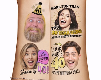 Puede incluir: Tatuajes temporales con cuatro rostros distintos y temas de cumpleaños. El texto incluye "More fun than two 20 year olds! Ashley's 40th birthday!", "Let's party! Sara is 40!" y "Look who's 40 Happy Birthday Mike!" con detalles en dorado y rosa.