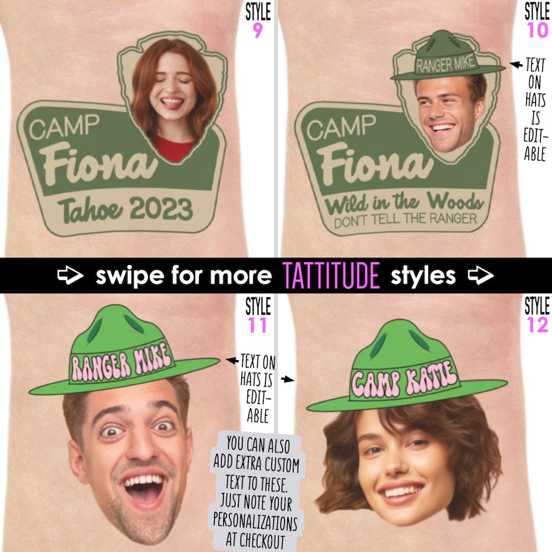Op de afbeelding: Vier gepersonaliseerde tijdelijke tattoo-ontwerpen. Elk ontwerp toont een gezicht in een groen en beige badge. De badges luiden "Camp Fiona Tahoe 2023", "Camp Fiona Wild in the Woods", "Ranger Mike" en "Camp Katie". De tekst op de hoeden is bewerkbaar.