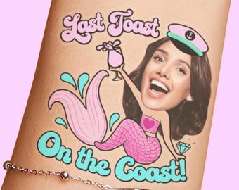 Last Toast On The Coast Bachelorette Party Favors Custom Face Tattoos, Bachelorette Tattoos, Beach Bachelorette, Coastal Destination Mermaid
