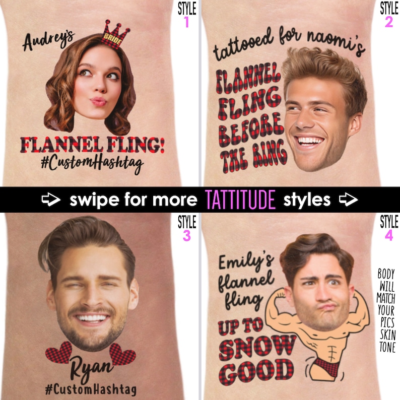 Op de afbeelding: Een collage van vier tattoo-ontwerpen met gezichten en tekst. De ontwerpen bevatten zinnen als "Flannel Fling" en "Snow Good", met aangepaste hashtags. De tekst is in een rood en zwart geruit lettertype. De tekst "swipe for more TATTITUDE styles" is ook aanwezig.