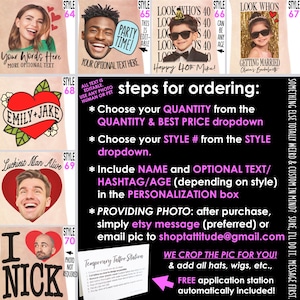 Puede incluir: Un collage de dise&ntilde;os de tatuajes temporales personalizados con varios estilos, fotos de personas, corazones y texto. La imagen incluye un panel de instrucciones negro con texto en blanco y rosa que detalla los pasos para realizar el pedido.
