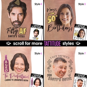 Pode incluir: Quatro estilos diferentes de tatuagens tempor&aacute;rias que mostram o rosto de uma pessoa e uma mensagem de anivers&aacute;rio. As tatuagens s&atilde;o projetadas para uma comemora&ccedil;&atilde;o de anivers&aacute;rio de 50 anos. A primeira tatuagem apresenta o rosto de um homem com o texto "Fifty AF DAVID'S 50TH!" A segunda tatuagem apresenta o rosto de uma mulher com o texto "Mary's 50th Birthday!" A terceira tatuagem apresenta o rosto de uma mulher com o texto "To Perfection! CHEERS TO JENNIFER'S 50TH!" A quarta tatuagem apresenta o rosto de um homem com o texto "I GOT TAT FOOD FOR SCOTT'S 50TH!"