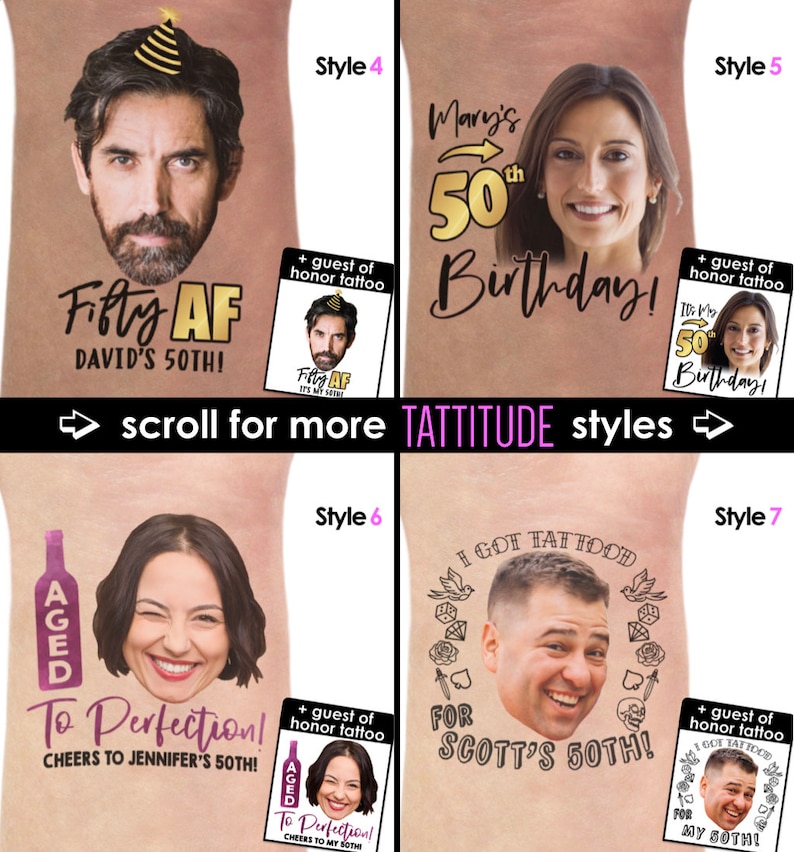 Pode incluir: Quatro estilos diferentes de tatuagens tempor&aacute;rias que mostram o rosto de uma pessoa e uma mensagem de anivers&aacute;rio. As tatuagens s&atilde;o projetadas para uma comemora&ccedil;&atilde;o de anivers&aacute;rio de 50 anos. A primeira tatuagem apresenta o rosto de um homem com o texto "Fifty AF DAVID'S 50TH!" A segunda tatuagem apresenta o rosto de uma mulher com o texto "Mary's 50th Birthday!" A terceira tatuagem apresenta o rosto de uma mulher com o texto "To Perfection! CHEERS TO JENNIFER'S 50TH!" A quarta tatuagem apresenta o rosto de um homem com o texto "I GOT TAT FOOD FOR SCOTT'S 50TH!"