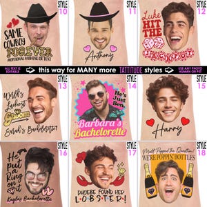 May include: A collection of personalized face towels with various designs and text. Styles include cowboy themes, bachelorette celebrations, and phrases like "He's Just Ben" and "Luke Hit the Jackpot." Each towel features a smiling face.