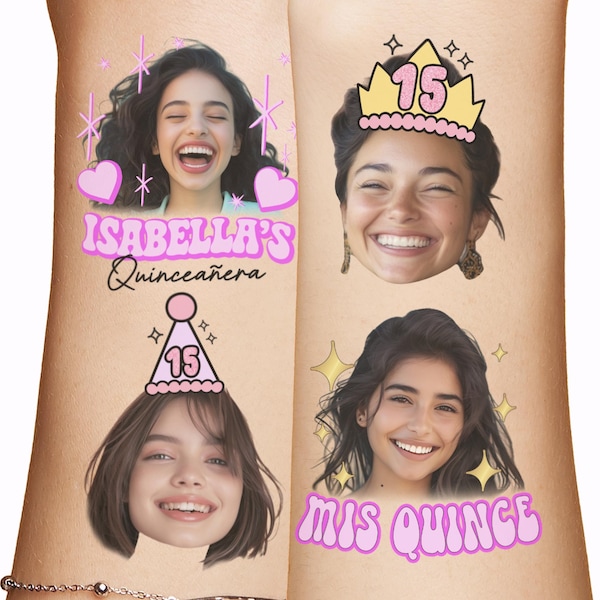 Mis Quince Años Tattoos Party Favors, Custom Personalized Face Photo Tattoo for Quinceañera, 15th birthday party hat crown