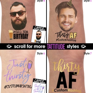 Op de afbeelding: Een set van tien tijdelijke tatoeages voor een 30e verjaardagsfeest. De ontwerpen omvatten een ​​bierglas, een verjaardagstaart, een feestmuts en de tekst "Thirty AF". De tatoeages zijn verkrijgbaar in verschillende stijlen en kleuren. Scroll voor meer TATTITUDE-stijlen.