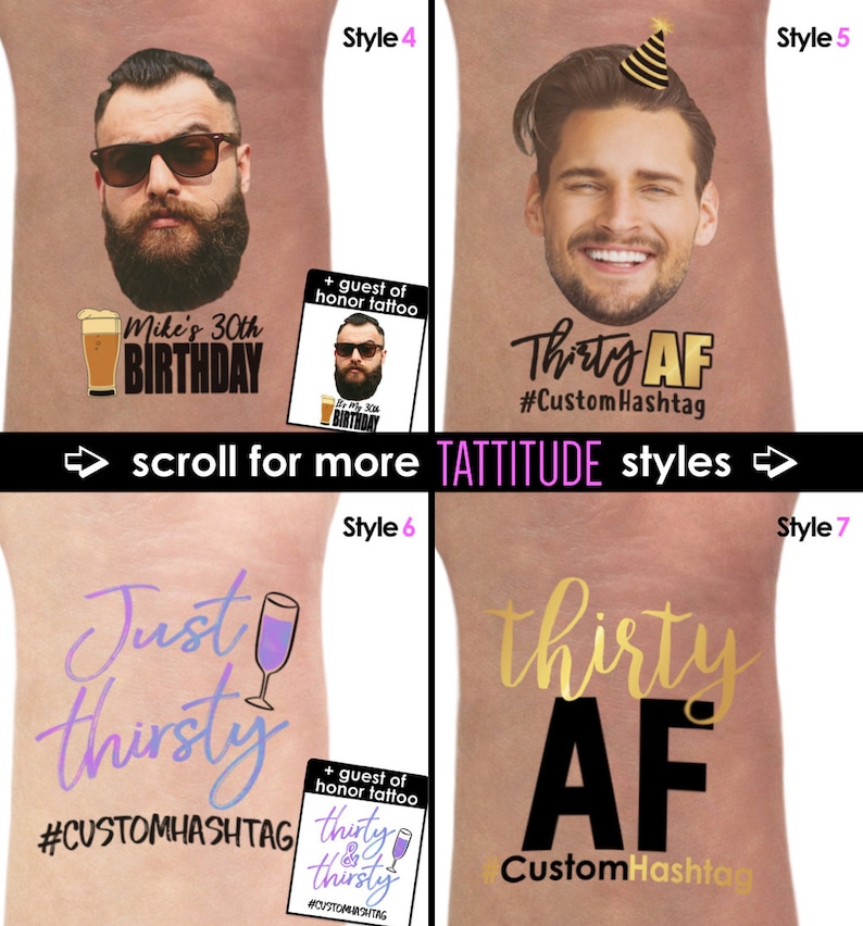Op de afbeelding: Een set van tien tijdelijke tatoeages voor een 30e verjaardagsfeest. De ontwerpen omvatten een ​​bierglas, een verjaardagstaart, een feestmuts en de tekst "Thirty AF". De tatoeages zijn verkrijgbaar in verschillende stijlen en kleuren. Scroll voor meer TATTITUDE-stijlen.