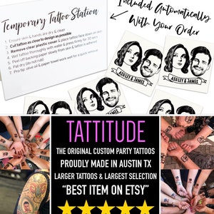 May include: A collage of images featuring temporary tattoos with a black and white portrait of a couple. The text "TATTITUDE" is in pink and the text "THE ORIGINAL CUSTOM PARTY TATTOOS PROUDLY MADE IN AUSTIN TX LARGER TATTOOS & LARGEST SELECTION "BEST ITEM ON ETSY" is in black. Five gold stars are below the text.
