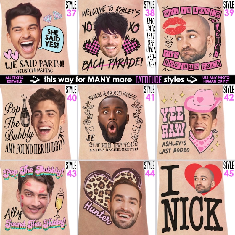 May include: A collection of personalized t-shirts with various designs and text. The shirts feature faces and phrases like "She Said Yes!", "Bach Parade", and "Yee Haw". The text is editable, and the shirts are customizable with any photo.