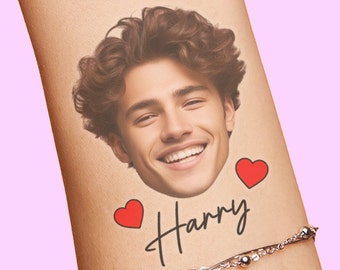 Custom Personalized Bachelorette Party Tattoos with the Grooms Face Name Head and Hearts Photo Favors