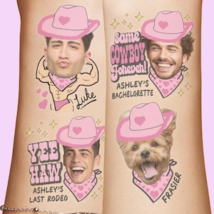 Può includere: Tatuaggi temporanei con quattro disegni, ognuno con cappello da cowboy e bandana rosa. Un disegno dice "Same Cowboy Forever!" per l'addio al nubilato di Ashley. Altri disegni includono "Luke", "Yee Haw" e "Frasier".