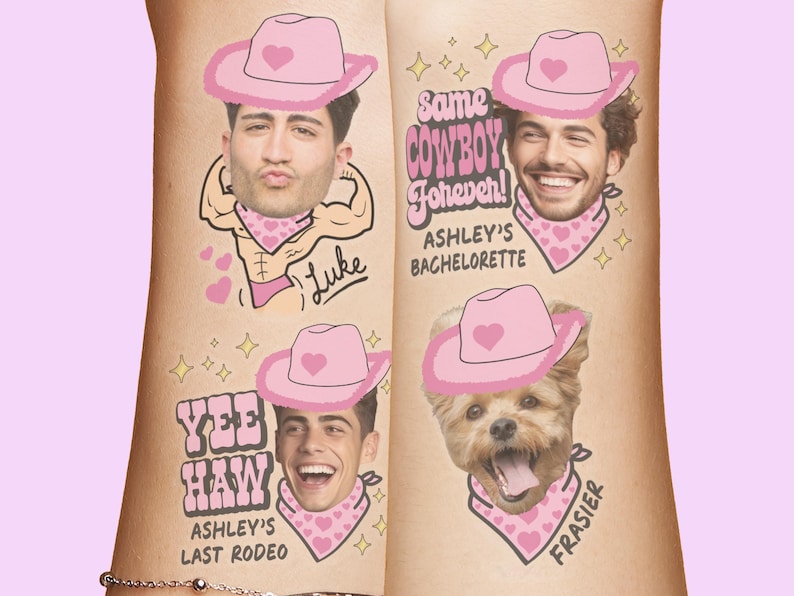 May include: Temporary tattoos with a pink cowboy hat design. One tattoo features a muscular cartoon figure with the name 'Luke'. Another says 'Same Cowboy Forever!' with 'Ashley's Bachelorette' below. A third says 'Yee Haw' with 'Ashley's Last Rodeo'. The last tattoo features a dog with the name 'Frasier'.