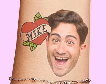 Tattoo Heart Party Tattoos Favors Birthday Bachelorette, Traditional Mom Face Cutout, Custom Personalized grooms face funny gift for her him
