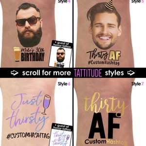May include: A set of ten temporary tattoo designs for a 30th birthday party. The designs include a beer glass, a birthday cake, a party hat, and the text "Thirty AF". The tattoos are available in different styles and colors.  Scroll for more TATTITUDE styles.